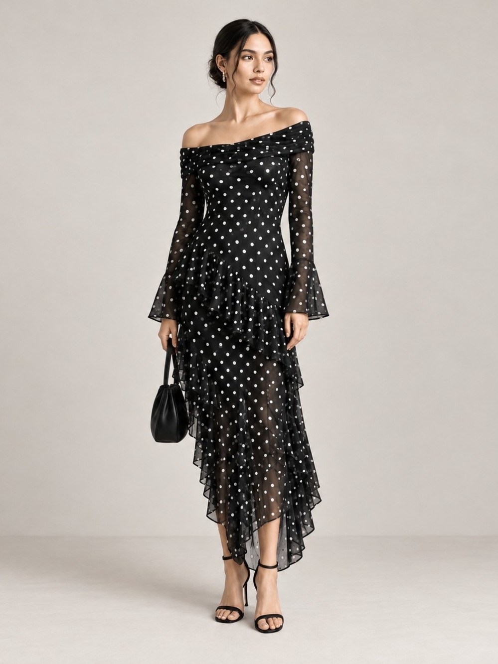 Black Polka Dot Asymmetric Dress Size Large Ruffle Stretch Bardot Whimsigoth